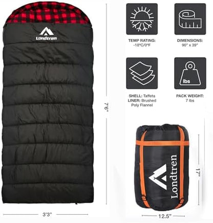 LONDTREN Large 0 Degree Sleeping Bags for Adults Cold Weather Sleeping Bag Camping Winter Below Zero 20 15 Flannel Big and Tall XXL