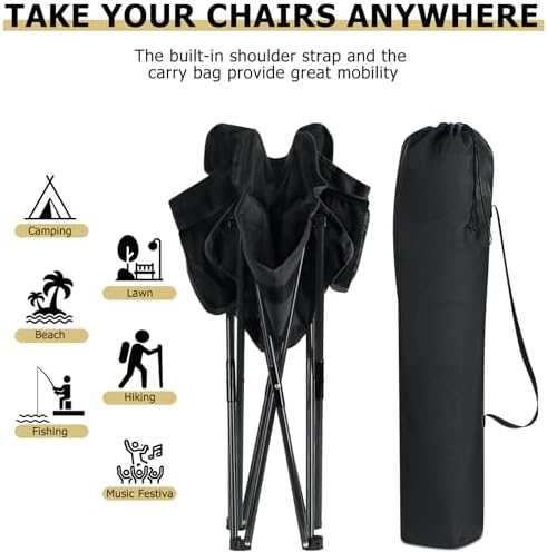 Leonyo 2 Pack Folding Camping Chairs, Portable Outdoor Beach Lawn Chairs for Adults with Carrying Bag for Outside Fishing, Hiking & Festivals, Black