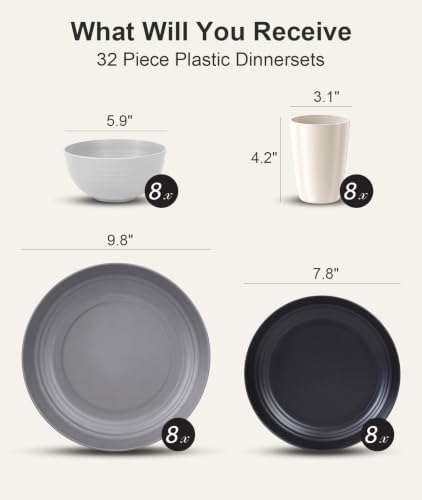 Quatish 32 Pcs Plates and Bowls Sets, Plastic Dinnerware Sets for 8, Grey