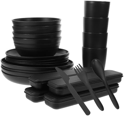 Toyvian 4 Sets Camping Tableware Set with Bowl, Plate, Cup, Spoon, Fork, and Cutter in Black, Made of Sturdy Pp Material, Easy to Clean and Burr-free Utensils for Outdoor Hiking and Picnic