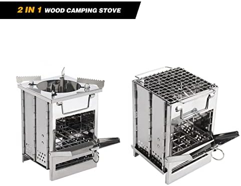 REDCAMP Wood Burning Folding Camp Stove Stainless Steel Grid and Pot Stand, Portable Collapsible Backpacking Stove Survival Rocket Stove for Hiking Outdoor Tent Camping Picnic, Samll with Pot Stand