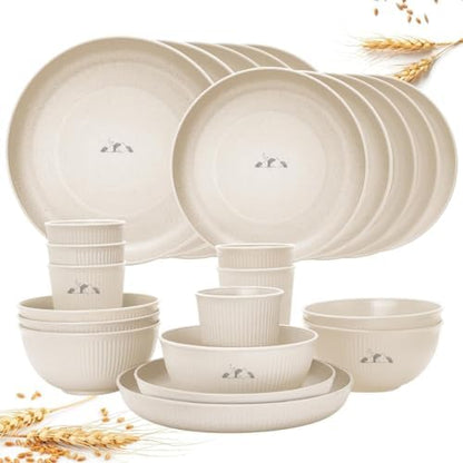 24 Pcs Wheat Straw Dinnerware Sets for 6- Unbreakable Reusable Plates and Bowls Sets Lightweight BPA Free Dishwasher, Microwave Safe Bowls and Cups- Camping Dishes for Dessert with Bowls