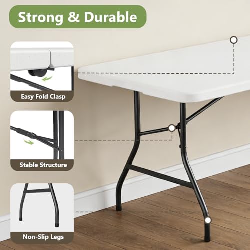 2 Pack 8FT Folding Table, Foldable Picnic Table with Carrying Handle, Heavy Duty Fold-in-Half Portable Table for Weddings, Camping, RV Travel, Parties, and Indoor Use, Easy to Fold and Store, White