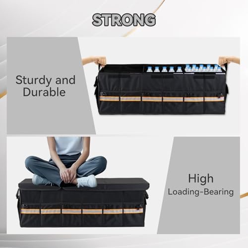 Car Trunk Organizer with Lid,Collapsible Car Storage Organizer with Multi Compartments and Securing Straps for SUV,Sedan,Jeep-Black