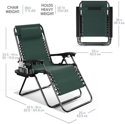 Nestl Zero Gravity Chairs Set of 6, Patio Lounge Chair Outdoor with Pillows & Cup Holder Trays, Adjustable Steel Mesh Reclining Camping Chair, Folding Patio Lawn Chair for Deck, Beach - Forest Green
