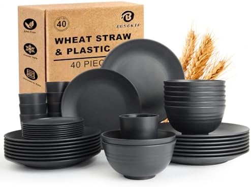 40 PCS Plate and Bowl Set, Wheat Straw Dinnerware Sets for 8(Black)