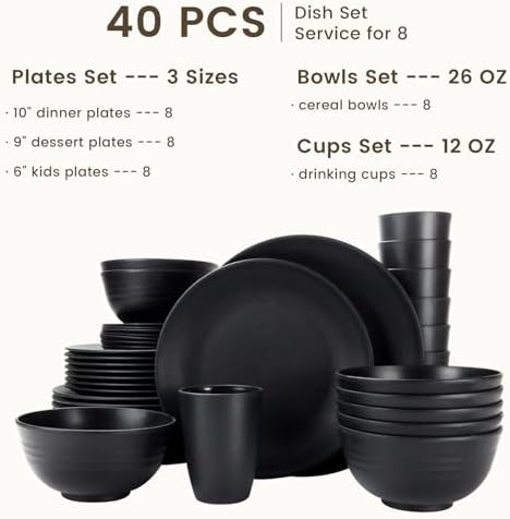 Homienly 40-Pieces Wheat Straw Dinnerware Set, Kitchen Plastic Wheat Straw Dinnerware Set - Service for 8, Unbreakable Lightweight Dish Set for Kitchen, Camping - Plates Set, Bowls, Cups Set(Black)