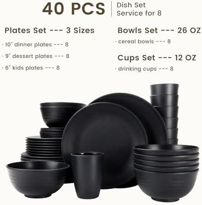 Homienly 40-Pieces Wheat Straw Dinnerware Set, Kitchen Plastic Wheat Straw Dinnerware Set - Service for 8, Unbreakable Lightweight Dish Set for Kitchen, Camping - Plates Set, Bowls, Cups Set(Black)