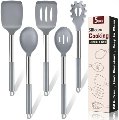 5Pcs Silicone Cooking Utensils Set, Heat Resistant Kitchen Tools Include Solid&Slotted Spatula, Cooking Spoon and Pasta Server, Silicone Kitchen Utensils set for Nonstick Cookware Flipping, Gray