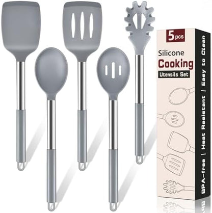5Pcs Silicone Cooking Utensils Set, Heat Resistant Kitchen Tools Include Solid&Slotted Spatula, Cooking Spoon and Pasta Server, Silicone Kitchen Utensils set for Nonstick Cookware Flipping, Gray