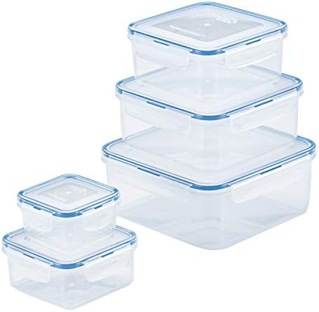 LOCK & LOCK Easy Essentials Food Storage lids/Airtight containers, BPA Free, 10 Piece - Square, Clear