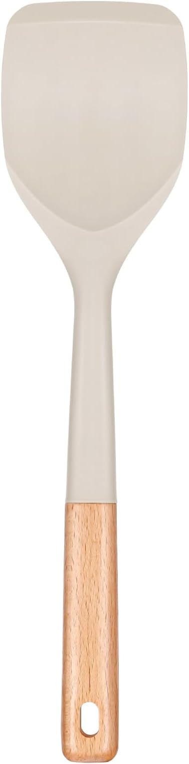 Nonstick Silicone Spatula, Non Scratch Flexible Edge for Pans, Slip Resistant comfortable Wooden Handle, Heat Resistant BPA-Free Kitchen Spatulas for Cooking, 13.2 Inch, Khaki