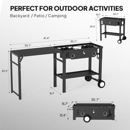 Bonnlo 2 Burner Propane Gas Stove with Work Station & Auto Ignition, 150,000 BTU Portable Camping Stove with Wheels & Regulator, Outdoor Propane Stove for Backyard Patio Cooking BBQ