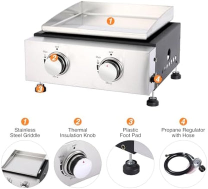 Small Portable Grill, 14 Inch Tabletop Gas Grill, 2 Burner Flat Top BBQ Propane Griddle with Legs, Cover - 20,000 BTUs Output for Outdoor Patio Backyard Camping, Tailgating, and RV Trips