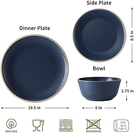 Melamine Dinnerware Sets for 4, Plates and Bowls Sets 12 Pcs, Melamine Plates, Nautical Dinnerware Sets, Modern Style,Dishwasher Safe, BPA Free, Suitable Indoor and Outdoor Use (Deep Blue)