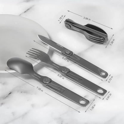 ROXON 3-in-1 Camping Utensils Set (Knife, Spoon, Fork) Titanium-Plated Grey