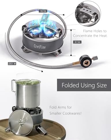 6800W Windproof Camping Stove with Adapters, Foldable Backpacking Triple Burner with Portable Case, Piezo Ignition, Compatible with Propane, Butane, and Isobutane for Hiking, Camp Cooking
