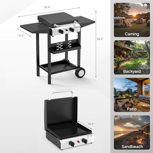 Bonnlo 20000BTU Propane Griddle with Lid and Ignition, Standing Flat Top Gas Grill with Portable Rolling Wheels and Storage Shelf, 2 Burner Camping Cooker for Patio Backyard Outdoor Cooking BBQ