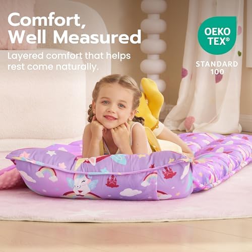 JOIEDOMI Toddler Nap Mat with Removable Pillow and Minky Blanket 55''x30'' Kids Sleeping Bag for Boys and Girls Ages 3-6 Roll Up Soft Nap Mats for Preschool Kindergarten Daycare Sleepover