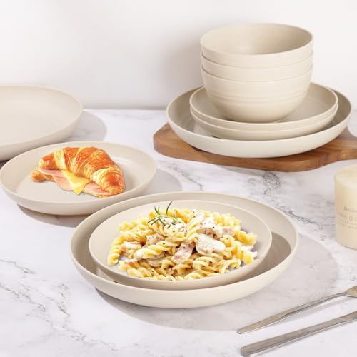 32 Pcs Wheat Straw Dinnerware Set for 8, Cream Reusable Plates and Bowls Set, Microwave Safe Lightweight Unbreakable Dishes Set for Kitchen, Camping, Outdoor, RV