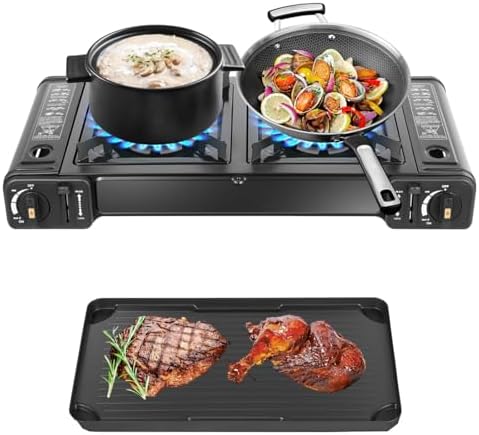 2-Burner Portable Camping Stove, Double Burner Butane Stove, Butane Camping Stove Kit with Grill Tray and Carrying Case, Outdoor Travel Camp Stove for Camping, BBQ, Home