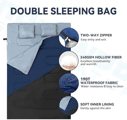 Double Sleeping Bag for Adults Kids, Lightweight 2 Person Sleeping Bag