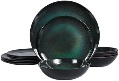 12pcs Plates and Bowls Set, Green Dinner Dishes Set
