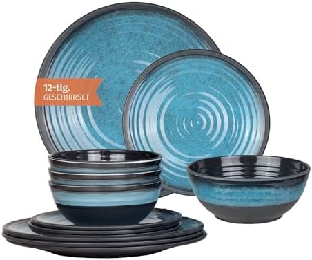 Moritz Camping Tableware Made of Melamine for 4 People, 12 Pieces, Dishwasher Safe, Picnic Crockery Set, Crockery Camping Tableware, Stone Blue Design