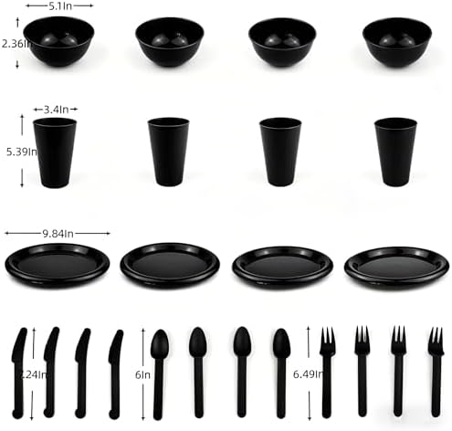 24Piece Plastic Plates and Bowls Sets Dinnerware Set Dishes Set for 4,College Dorm Room Essentials,Camping Plates and Bowls with Tumbler,Knives,Forks and Spoons,Mess Kit,Microwave Safe,BPA Free-Black