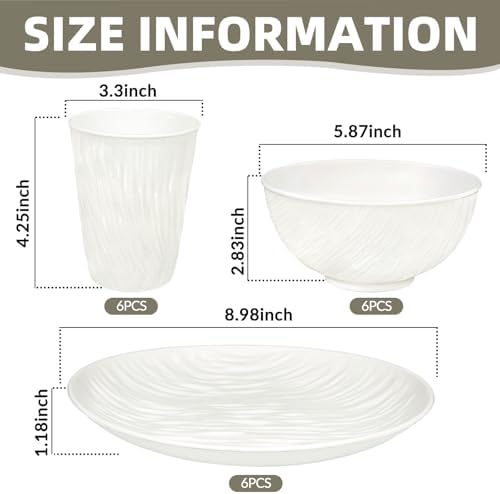 18pcs White Plastic PLates and Bowls Sets Heavy Duty includes Plastic Plates Reusable and Elegant Wheat Bowls and Rock-textured Design Cups for 6 People Outdoor Picnic,Camping Trip,Beach Day