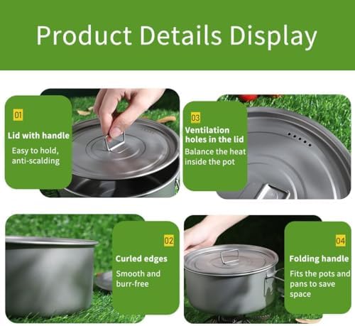 BY-J Titanium Camping Cookware 2200ML & 1200ML Titanium Pot with Lid, Camping Hanging Cookware Hiking Picnic Ultralight Bowl Tableware