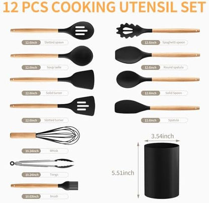 Silicone Cooking Utensil Set,12 PCS Cooking Cookware Kitchen Utensils Set for Cooking, Nonstick 446°F Heat-Resistant Cookware Kitchen Tools of Spoon,Brush,Whisk,Spatula,Turner Tongs (Black)