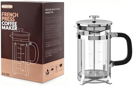 QUQIYSO French Press 34oz, Stainless Steel and Thickened Glass Coffee Maker