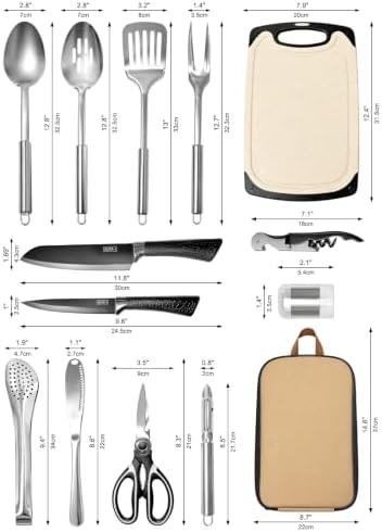 Portable Camping Utensil Set, 15PCS Camping Cookware with Organizer Cooking Kit Stainless Steel Accessories with Knife Fork Spoon RV Essentials Cook Equipment for Picnics BBQs Travel