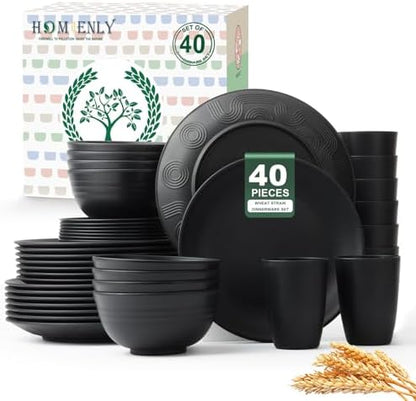 Homienly 40-Pieces Wheat Straw Dinnerware Set, Kitchen Plastic Wheat Straw Dinnerware Set - Service for 8, Unbreakable Lightweight Dish Set for Kitchen, Camping - Plates Set, Bowls, Cups Set(Black)