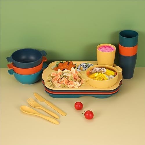 24 Pcs Wheat Straw Dinnerware Cutlery Sets,Unbreakable Divided Plates Bowls Cups Spoon Knife Fork for 4 People,Microwave Dishwasher Safe Tableware Cutlery for Party and Daily Use,Mix Color 2