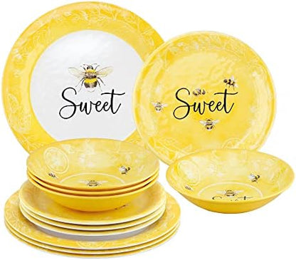 UPware 12 Piece Sweet Bees Melamine Dinnerware Sets, Outdoor Dishes Set, Plates and Bowls Sets, Service for 4, Yellow