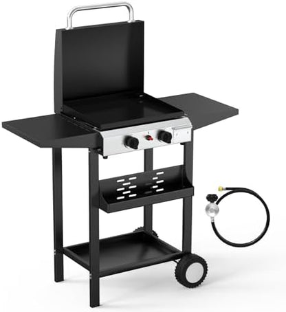 Bonnlo 20000BTU Propane Griddle with Lid and Ignition, Standing Flat Top Gas Grill with Portable Rolling Wheels and Storage Shelf, 2 Burner Camping Cooker for Patio Backyard Outdoor Cooking BBQ
