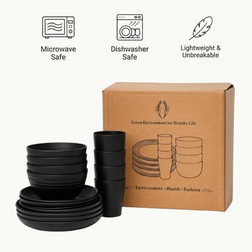 Wheat Straw Dinnerware Set for 4, 16PCS Unbreakable Plates Bowls Cups, Microwave & Dishwasher Safe Plastic Dishes, Lightweight Reusable Dinnerware for Kitchen, Camping, RV & Dorm (Black)