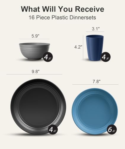 Quatish 16 Pcs Plates and Bowls Sets, Plastic Dinnerware Sets for 4, Blue