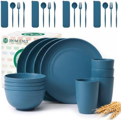 Homienly Wheat Straw Dinnerware Sets 28 Pcs Reusable Dish Set With Utensils