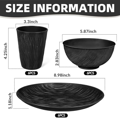 18-Piece Black Wheat Straw Dinnerware Set for 6 (6 Plates, 6 Bowls, 6 Cups) - Heavy Duty Unbreakable Rock-Textured Set, Elegant Microwave Safe & Reusable for Camping & Outdoor Use