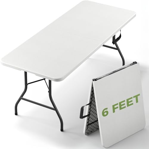 Folding Table, 6 FT Foldable Plastic Table with Carrying Handle, Heavy Duty Portable Fold-in-Half Utility Table for Party, Camping, Banquet, Craft, Wedding, Indoor & Outdoor Use