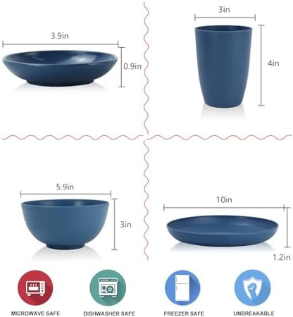 Wrova Wheat straw plates and bowls sets of 16 - Unbreakable wheat straw dinnerware sets for camping - Alternative plastic dinnerware set service for 4 - Microwave safe and Dishwasher safe bowls. Blue
