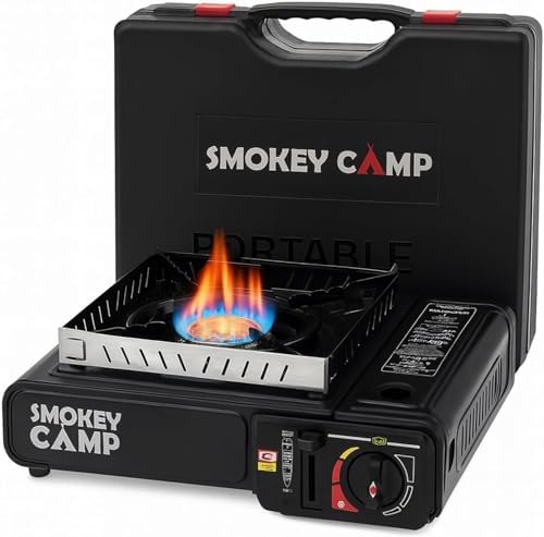 Portable Camping Stove 3000W Butane or Propane Fuel Compatable (Propane Adapter not Included), Automatic Ignition, Precise Heat Control, for Camping, Hiking, and Outdoor Cooking (Without Adapter Pipe)