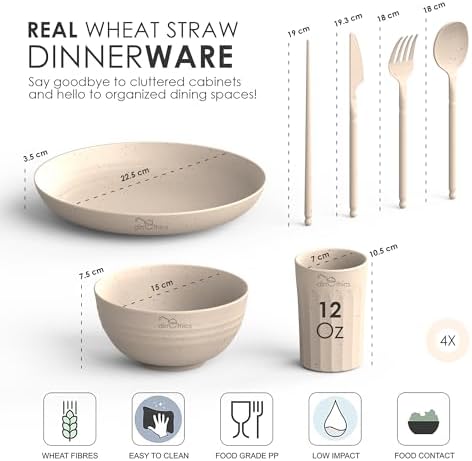 Wheat Straw Dinnerware Sets for 4 - Alternate To Plastic Dinnerware Set - Dishwasher Safe Microwave Plates - Lightweight Wheatstraw Dishes - Unbreakable Camping Plates & RV Dishes