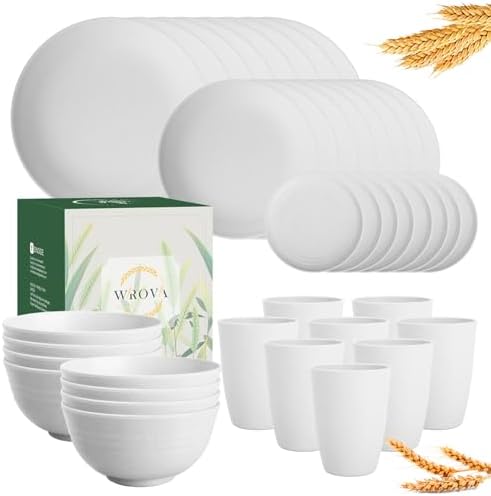 Wrova Wheat straw bowl and plate sets of 40 with cups for kids - Unbreakable plastic dinnerware sets service for 8 - Microwave and Dishwasher safe dish sets for kitchen and camping. White