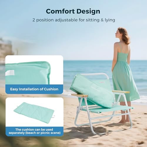 SUNNYFEEL Foldable Beach Chair, Beach Chair Backup with Wood Armrest & Cushion, Lightweight Camping Chair Heavy Duty for Beach, Camping, Lawn, Outdoor, Mint Green, 2 p