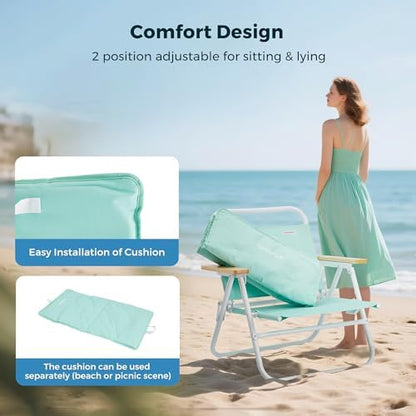 SUNNYFEEL Foldable Beach Chair, Beach Chair Backup with Wood Armrest & Cushion, Lightweight Camping Chair Heavy Duty for Beach, Camping, Lawn, Outdoor, Mint Green, 2 p