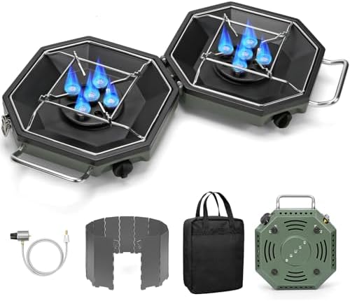 Camping Stove Propane Two Burner, 34000BTU Foldable Camp Stove Gas Propane Burners for Outdoor Cooking, Portable Stoves Gas Burners with Windsheild, Carrying Bag, Grates, Regulator
